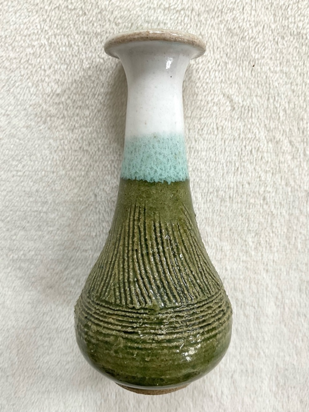 Signed Studio Pottery Bud Vase Green Drip Glaze Textured Art Pottery 4.5”